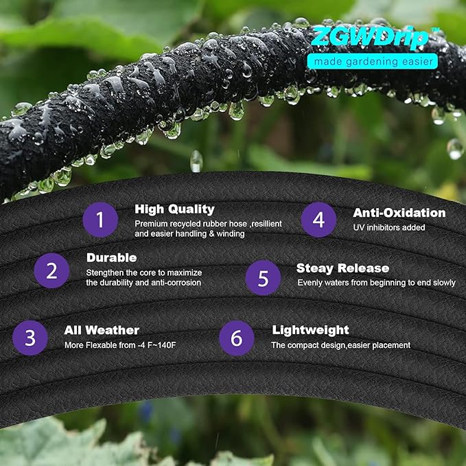 15FT 1/2" Water-Saving Soaker Hose with Solid Brass Connectors, Drip Irrigation Kit for Lawn & Yard