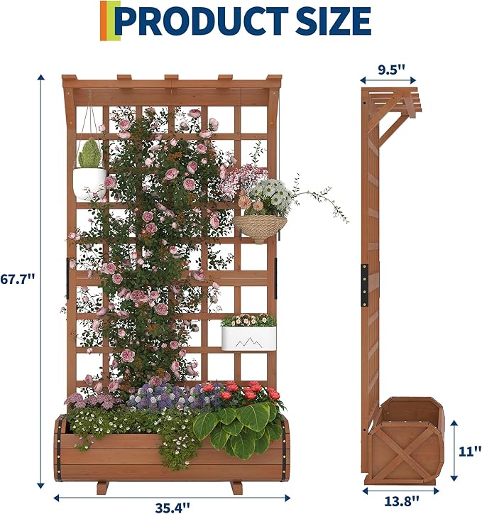 GarveeLife 67" h Raised Garden Bed with Trellis & Roof - Wooden Planter Box with Drainage, Freestanding Outdoor Garden Box for Climbing Vines, Vegetables, Flowers - Perfect for Yard, Patio, Balcony