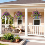 Homsunny Artificial Hanging Fake Flowers with Basket Plants for Outdoor Decoration, Faux Silk Flower UV Resistant Morning Glory for Home Porch Patio Garden Balcony Yard Look Real (Purple)