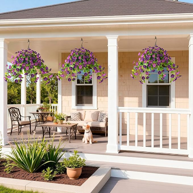 Homsunny Artificial Hanging Fake Flowers with Basket Plants for Outdoor Decoration, Faux Silk Flower UV Resistant Morning Glory for Home Porch Patio Garden Balcony Yard Look Real (Purple)