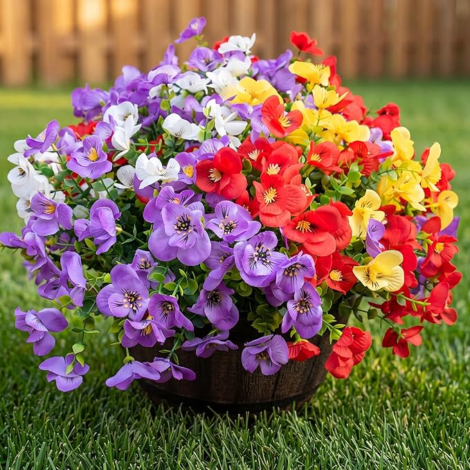 Artificial Flowers for Outdoor, UV Resistant Fake Silk Pansies Flowers, Realistic Faux Plants for Outside Indoor Porch Patio Window Box Planter Home Decor (16, Yellow Purple White Red)
