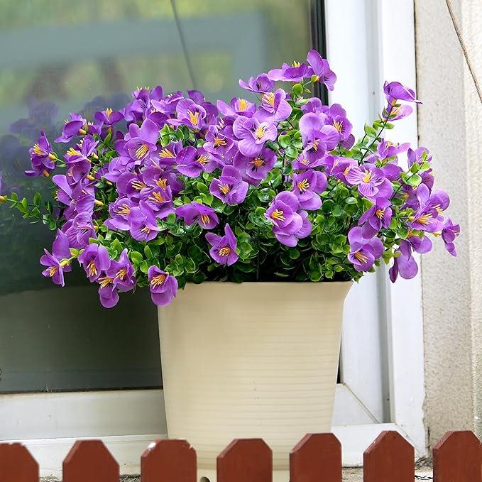 Artificial Flowers for Outdoor, UV Resistant Fake Silk Pansies Flowers, Realistic Faux Plants for Outside Indoor Porch Patio Window Box Planter Home Decor (16, Purple)