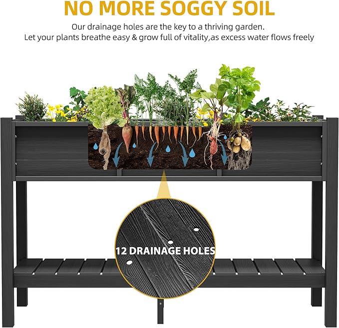 DWVO 48x18x30in Raised Garden Bed Kit, HDPE Planter Box Stand, Poly Wood Weather-Resistant Planter Box with Legs & Storage Shelf, Elevated Garden Bed for Backyard, Patio, Balcony,Black