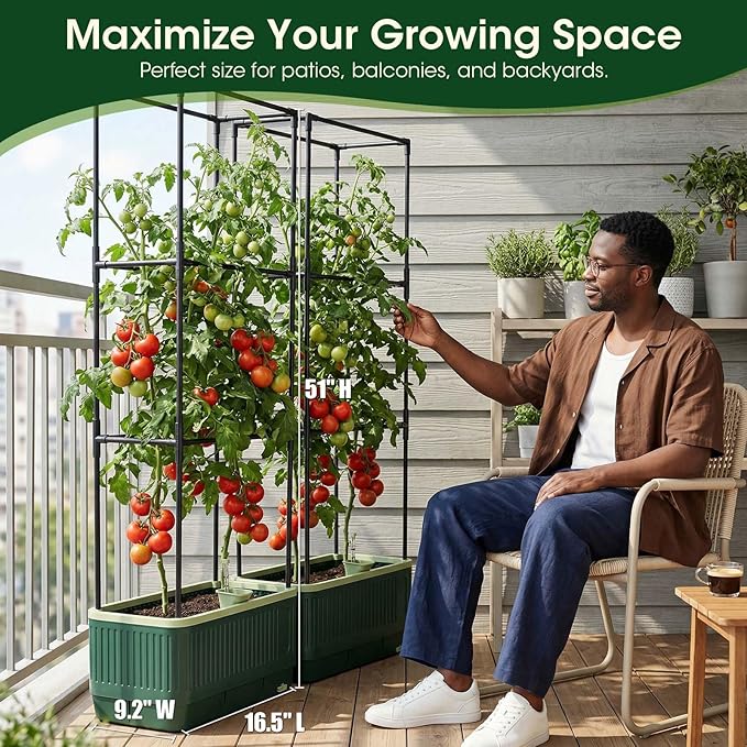51" Self Watering Planter Box with Trellis, Tomato Planter Trellis for Raised Garden Bed, Tomato Cage with Visual Water Indicator, Indoor Outdoor Tomato Cages for Garden Patio