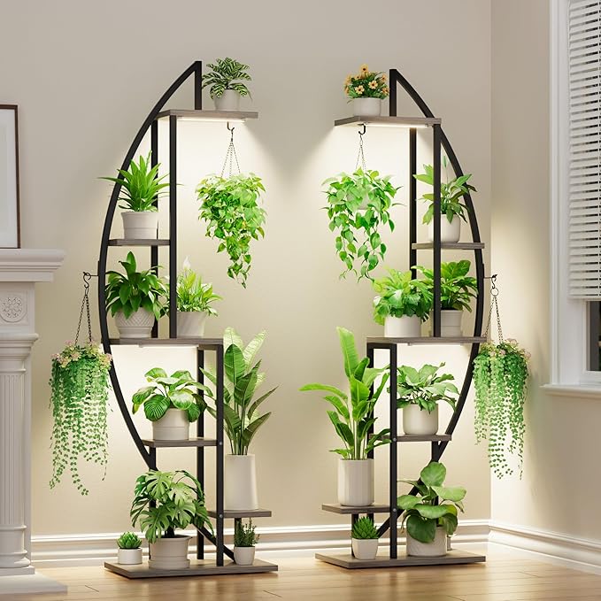 BACEKOLL Plant Stand Indoor with Grow Lights, 6 Tiered Tall Plant Shelf, 63" Metal Plant Stand for Indoor Plants Multiple, Half-Moon Plant Rack Display Shelf, 2 Pcs Plant Holder for Living Room, Grey