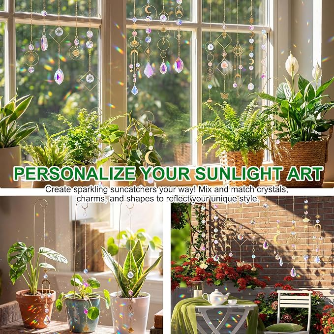230 Pcs DIY Crystal Suncatcher Kit Lotus Style Sun Catchers Making Supplies Kit with 3 Size Tall Trellis for Potted Plants Indoor Plant Stake Suncatcher Decoration for Office Home