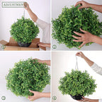 2PCS Artificial Boxwood Plants with Hanging Basket - Fake Aglaia Odorata Hanging Planters Faux Greenery UV Resistant Eucalyptus Leaves for Front Porch Patio Garden Farmhouse Home Decor (Green)