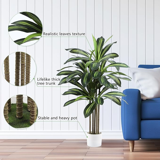 Artificial Dracaena Tree 4FT Fake Plant with White Small Planter Faux Silk Tall Floor Plant in Pot Artificial Tree for Home Office Living Room Decor Indoor