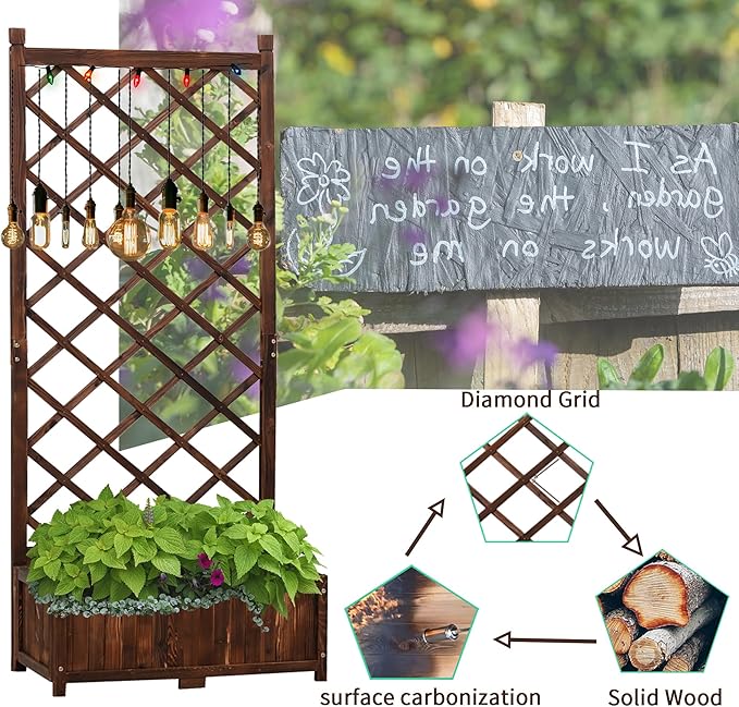 Anraja Raised Garden Bed with Trellis Wooden Planter Box Outdoor Wood Compact Privacy Screen for Climbing Plant Planting Flower Patio Tomato Vegetable Herb Balcony Porch 29.5" L x 17.0" W x 67.0" H