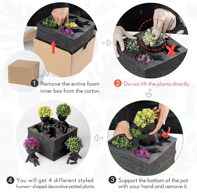 Zerzsy 4 Pack Cute Small Fake Plants with Creative Human Shaped Pots, Fake Plants Artificial Greenery Potted for Home Decor Indoor Shelf Desk Tabletop (Black)