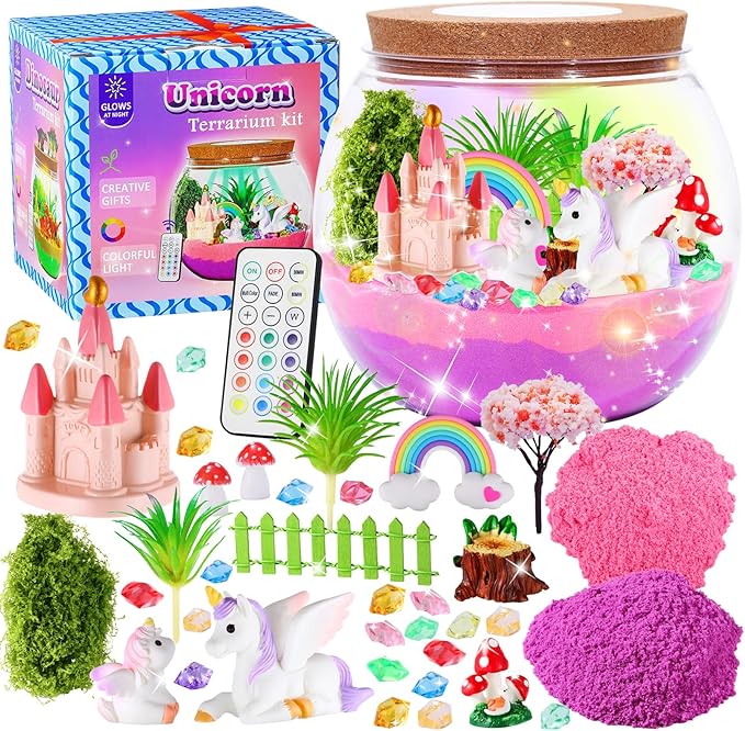 Hannstar Unicorn Light-Up Terrarium Kit for Girls- LED Night Light Unicorn Birthday Gifts for Kids Ages 4 5 6 7 8-12 Years-Unicorn Toys for Girls - DIY Arts and Crafts Kit for Kids