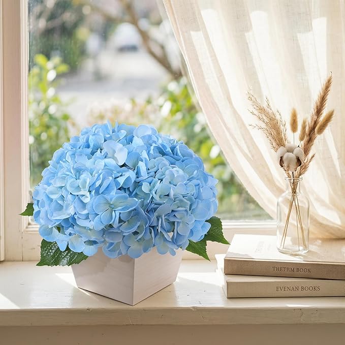 Artificial Hydrangea Flowers Arrangement in Wood Planter, 4PCS Fake Blue Flowers in Wooden Vase Potted Floral Centerpieces for Tables Living Room Home Office Room Shelf Kitchen Decor