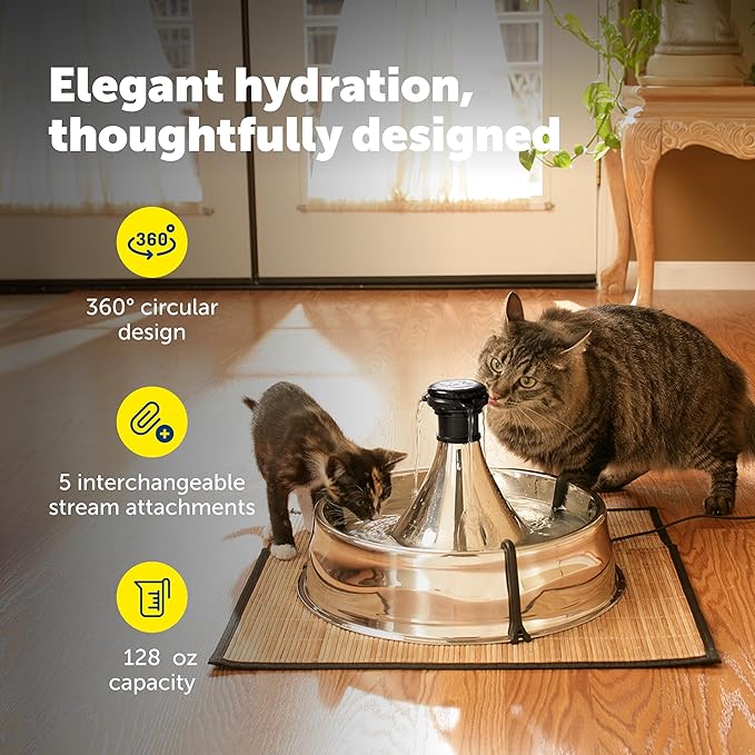 PetSafe Stainless Multi-Pet Fountain with Carbon Filters Great for Multiple Pet Households Customizable Stream Options Scratch and Rust Resistant 128 Oz Water Capacity Fresh, Filtered Water