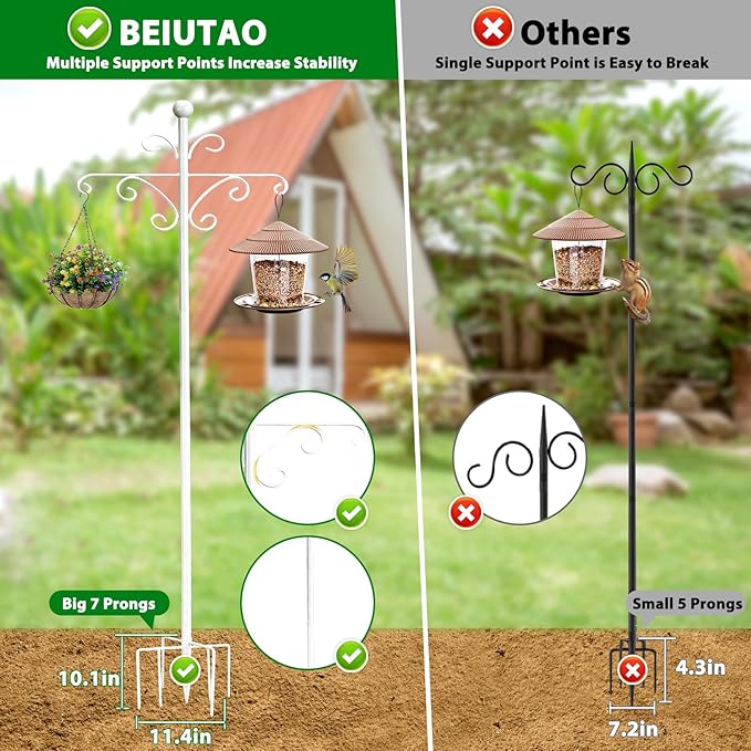 Bird Feeder Pole for Outdoors Heavy Duty Squirrel Proof, 2 Pack 63 Inch Adjustable Tall Shepherds Hooks for Outdoor with 7 Prongs Base, Double Shepherd Hooks (2 Pack White, 63 Inch)