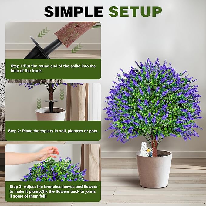JTING' CHOISIR Set of 2 Artificial Lavender Boxwood Topiary Ball Trees with Ground Spike, 26 Inches UV Resistant Fake Evergreen Plant Bushes Shrubs for Indoor Outdoor Front Porch Garden (Lavander)