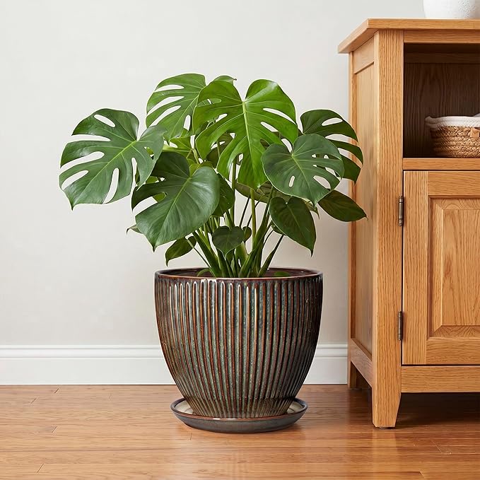 Ceramic Pots for Plants, 10 Inch Planters for Indoor Plants, Decorative Planter with Drainage Hole and Saucer, Round Indoor Plant Pots, Modern Planter, House Decor, Women Men Gifts, Retro Brown