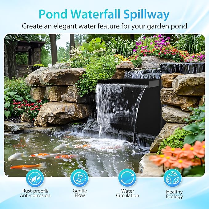 POPOSOAP Pond Waterfall Spillway with Pump Kit, 13.4" H x 12" W Stainless Steel Pond Waterfall Box with Pond Pump, Filtration, 10FT Corrugated Tubing for Outdoor Garden Pond Spillway & Pool