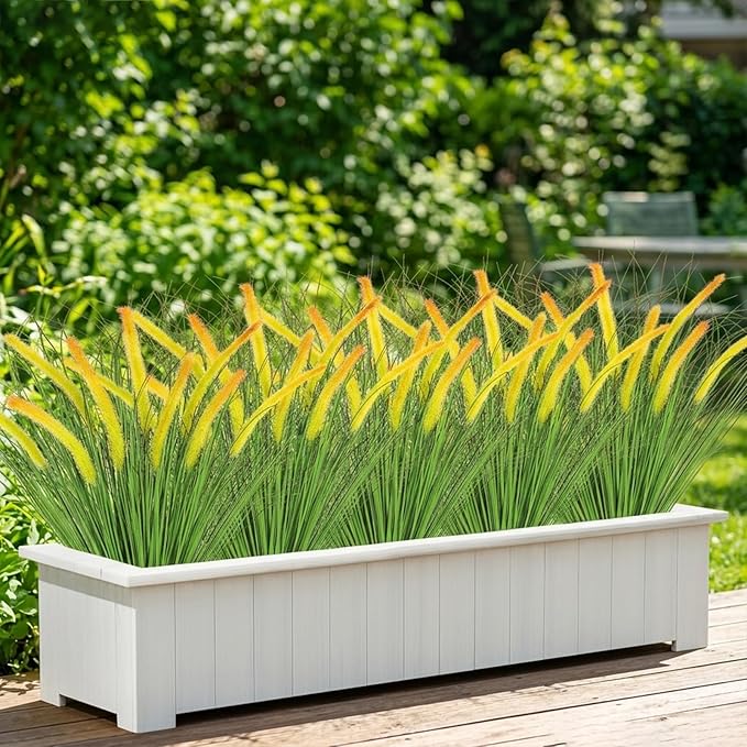 24PCS Artificial Yellow Dog Tail Grass Onion Grass UV Resistant Outdoors Faux Shrubs Ornamental Wheat Grass Cattails Faux Bushes Home Decor for Outdoor Garden