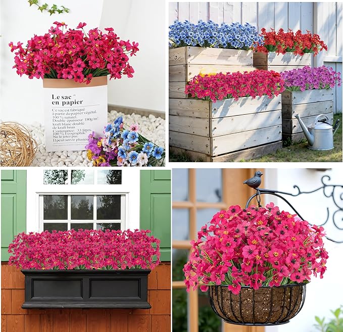 Bassion 24 Bundles Artificial Flowers for Outdoors Decoration, UV Resistant Fuchsia Silk Fake Faux Flowers Artificial Plants for Outside Window Box Porch Garden Home Decor