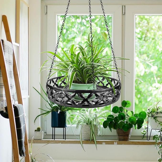 Plant Hanger, Metal Hanging Plant Shelf Decorative Planter Flower Pots Holder with Chain for Indoor Outdoor, Modern Plant Hanging Basket for Balcony Porch Garden Home Decor, Black