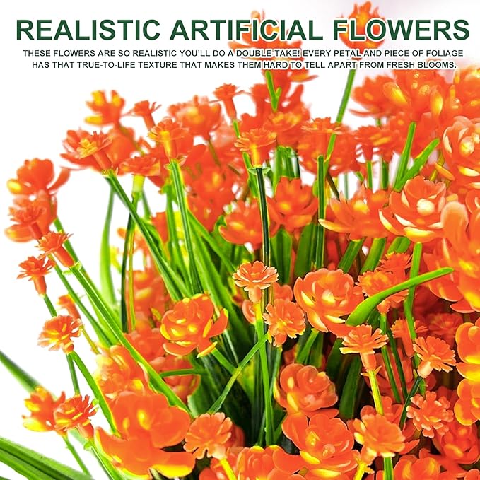 12 Bundles Artificial Flowers for Outdoors Spring Summer Decorations, UV Resistant Fake Mums Realistic Fake Plants Faux Plastic Flowers for Outdoor Indoor Home Gardens Porch Fall Decor(Orange Red)