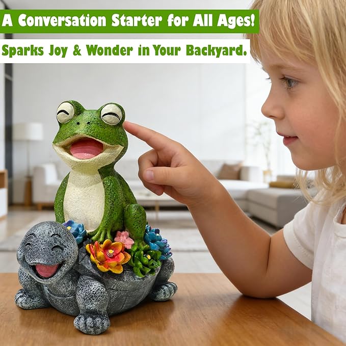 Solar Garden Statues, Cute Smiling Animal Outdoor Decor with 8 Bright LED Lights for Patio Yard Balcony Perfect Mother‘s Day Birthday Housewarming Garden Gift (Green Frog - Stone colored Turtle)