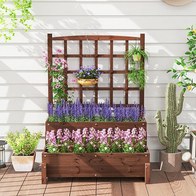 Giantex 2 Pcs Raised Garden Bed with Legs and Trellis, 2-Tier Standing Planter Box with Drain Holes, Outdoor Elevated Garden Trellis for Vine Climbing, Flower Vegetable Fruit Herb Growing