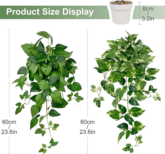 Artificial Hanging Plants with White Pots –2 Pack Fake Pothos Potted Plants Faux Ivy Vines 23.6‘’, Realistic Greenery Hanging Fakeplants Indoor for Home Decor, Bedroom, Bathroom, Office, Living Room