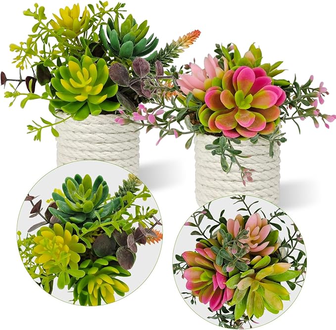 Set of 2 Fake Succulents Plants Artificial Small Succulent Plants Potted for Home Decor Indoor Table Living Room Bedroom Bathroom Shelf Women Office Desk Accessories Decoration (Green)