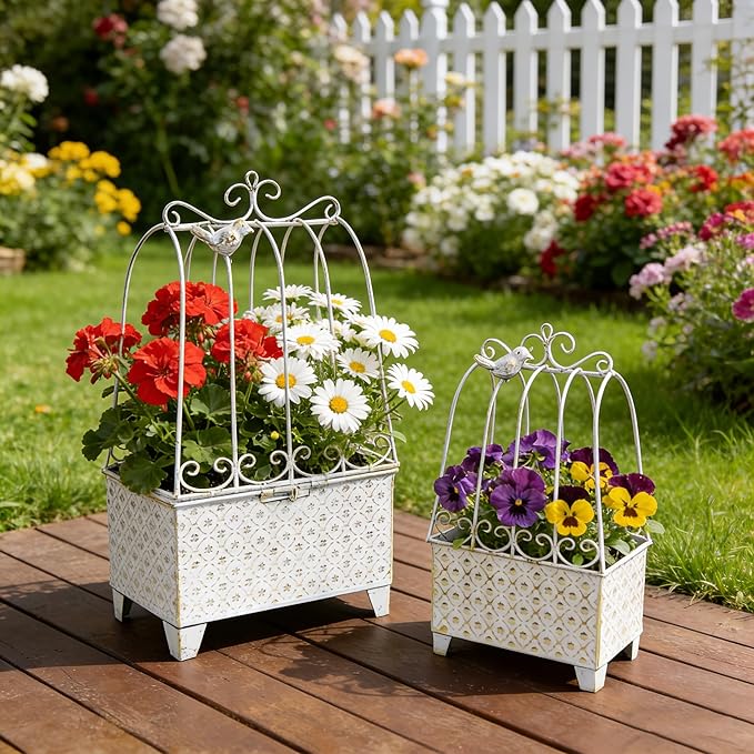 2-Piece Vintage Metal Birdcage Planter Set, Rustic Distressed Plant Holder, Farmhouse Floral Containers for Indoor Outdoor Garden, Patio & Tabletop Decor