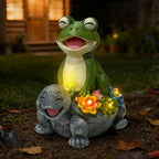 Solar Garden Statues, Cute Smiling Animal Outdoor Decor with 8 Bright LED Lights for Patio Yard Balcony Perfect Mother‘s Day Birthday Housewarming Garden Gift (Green Frog - Stone colored Turtle)