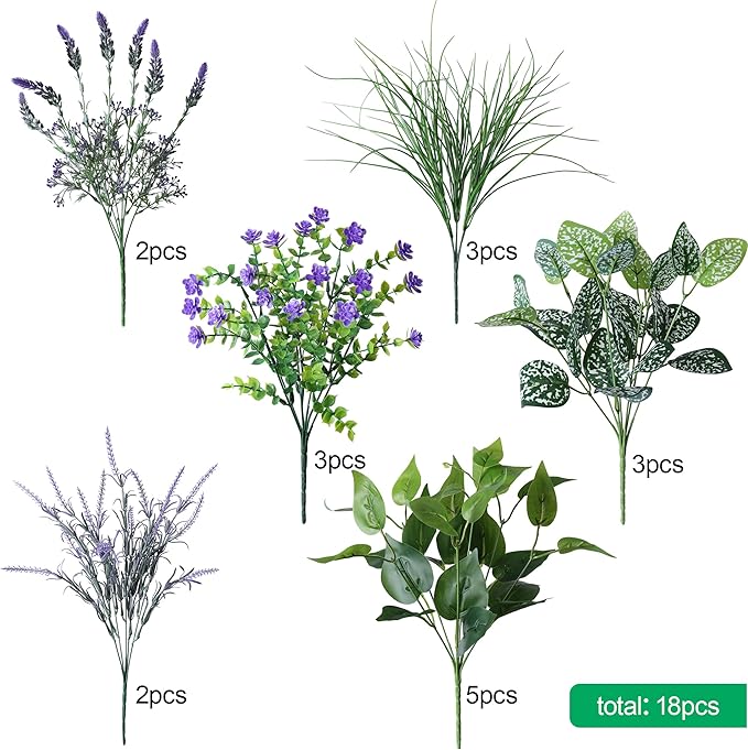 Starttag 18PCS Artificial Plants for Outdoor Decor Realistic Faux Greenery & Flowers Fake Plastic Leaves with Stems UV Resistant Outside Bushes for Garden Patio and Porch
