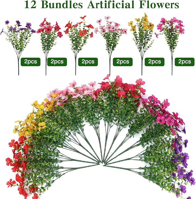 CEWOR 12 Bundles Artificial Flowers for Outdoor Indoor, Fake Silk Daisy with Eucalyptus Leaves, Faux Flower for Garden Front Door Porch Planter Patio Home Decor (6 Multicolor)