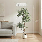 6FT Artificial Ficus Tree Indoor Outdoor, Fake Plants Indoor with White Pot, Realistic White-Edged Leaves Potted Tree for Home Office Decor