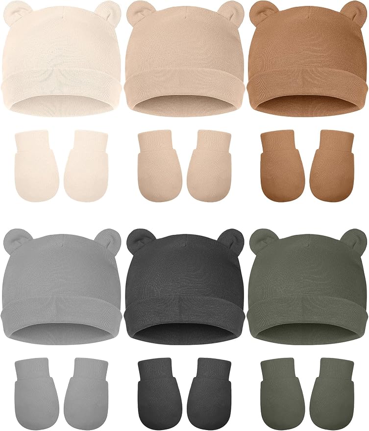 Geyoga 12 Pieces Newborn Hat Mittens Gloves Set Baby Boys Girls Cotton Baby Beanie for 0-12 Months