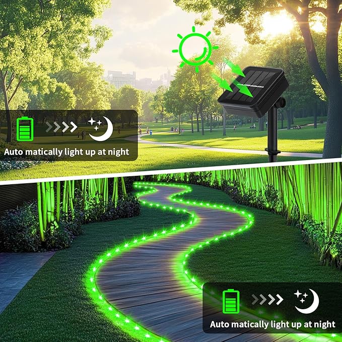 LairtPOW Solar Rope Light Waterproof 39FT 100LEDs Outdoor IP65 Solar String Lights for Easter Outside Party Garden Yard Home Wedding Christmas Halloween Holiday St. Patrick's Day Tree Lighting(Green)