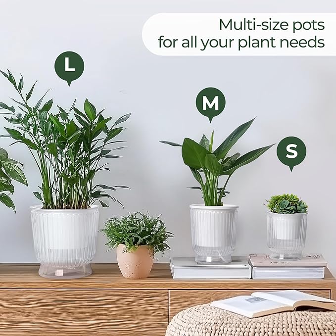 T4U 6 Inch Self Watering Pots for Indoor Plants, 4 Pack Self Watering Planter, Self Watering Pot with Reservoir, Clear Self Watering Pots for Indoor Plants, African Violets (4 Pack, 6", Clear)