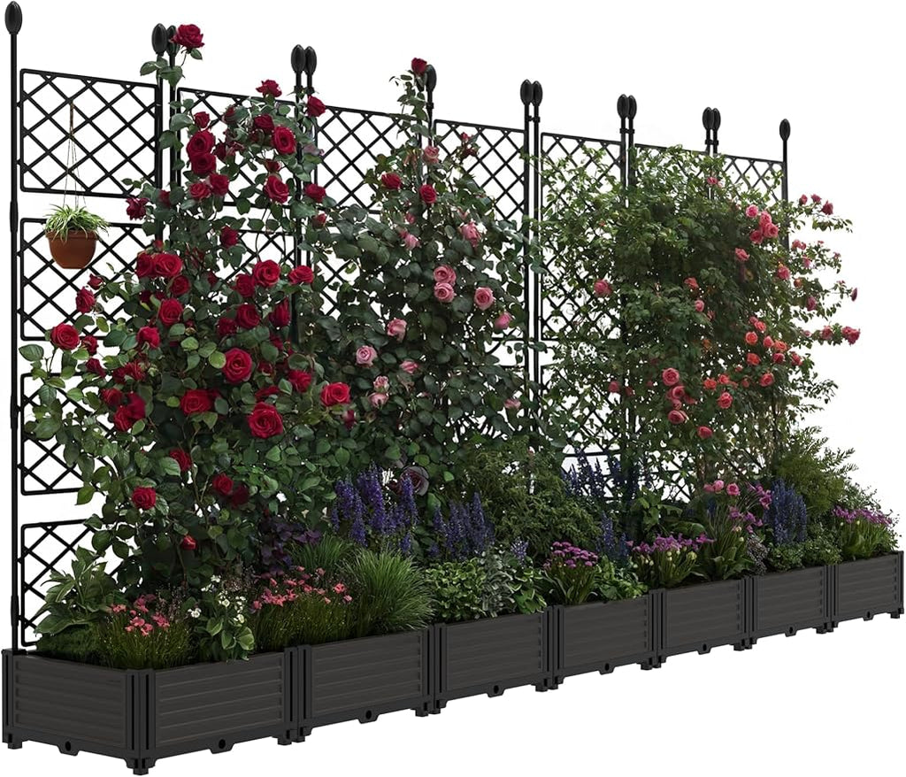 7 PCS Raised Garden Bed with Trellis & Privacy Screen, 116" w x 63" Tall Vertical Garden Planter Box for Climbing Plants - Sturdy Lightweight Outdoor Planter for Vegetables, Flowers on Patio, Balcony