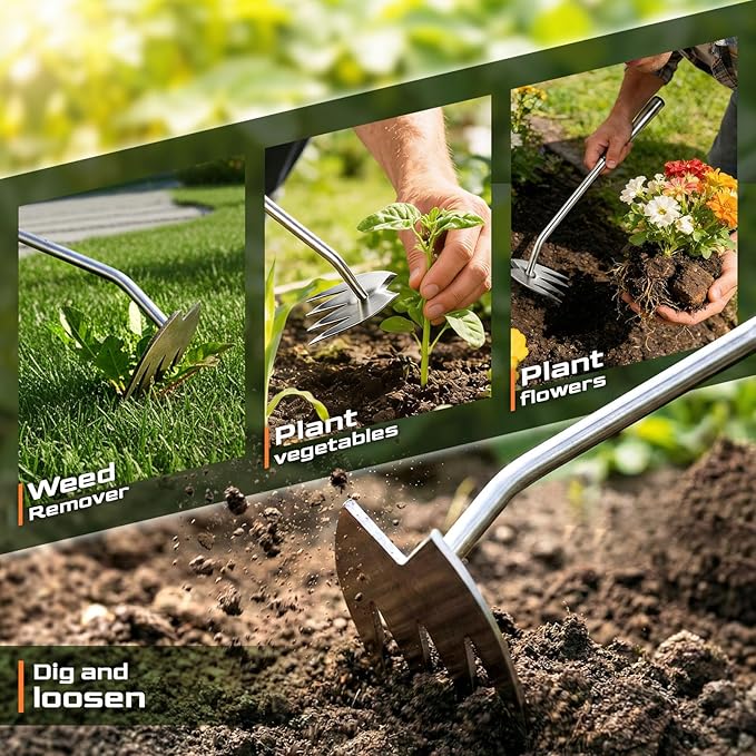 LOOHOI Upgraded Weed Puller Tool, 4-Tooth Stainless Steel Manual Weeder, Garden Weed Remover Tool for Vegetable Gardening Backyard Farm Planting & Weeding