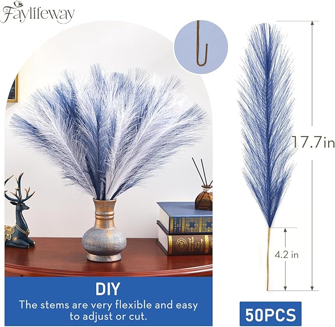 50PCS Pampas Grass Decor, 17" Pampas Grass, Fluffy Small Pampas Grass for Vase Filler Home Wedding Wall Table Party Decoration（Blue&White）
