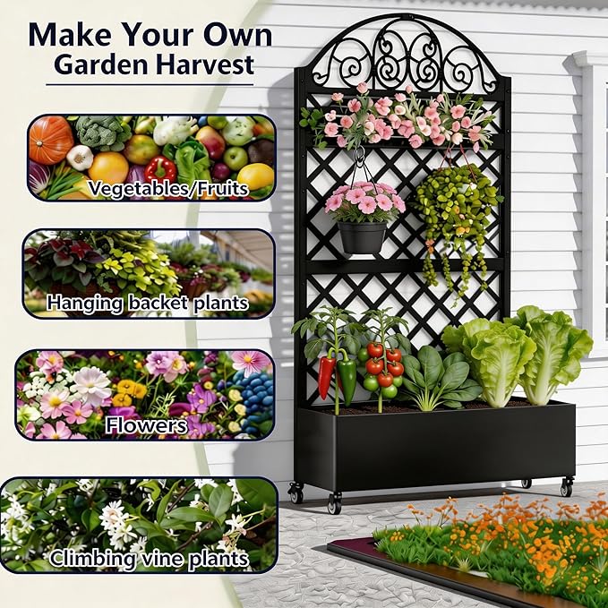 Privacy Planters for Patio, 73" Ornamental Metal Planter Box with Trellis & Locking Wheels, Scrollwork Arch Raised Garden Bed for Climbing Plants Roses Vines, Outdoor Flower Box with Drainage
