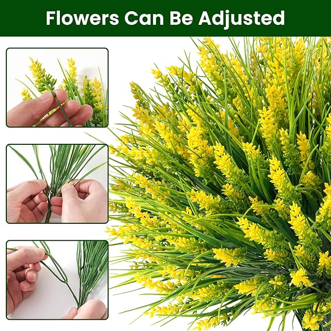 20 Bundles Artificial Plants Outdoor, UV Resistant Fake Flowers， Realistic Faux Lavender Shrubs for Porch Garden Window Box Home Decoration (Yellow)
