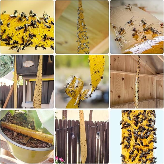 16 Pack Fly Traps Strips Indoor Outdoor, Flies Paper Sticky Hanging with Pins, Fruit Fly Tape Ribbon Roll for Home, Bug & Gnat Catchers for Inside, House Fly Killer for Winged Insect, Mosquito