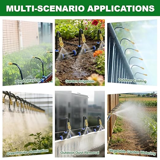 Drip Irrigation System, 30FT 1/4" Garden Watering for Outdoor Plants & Raised Beds, 10pcs Upgraded Brass Nozzles 360° Adjustable Misting Kit, UV-Resistant Tubing for Greenhouse, Lawn & Patio Cooling