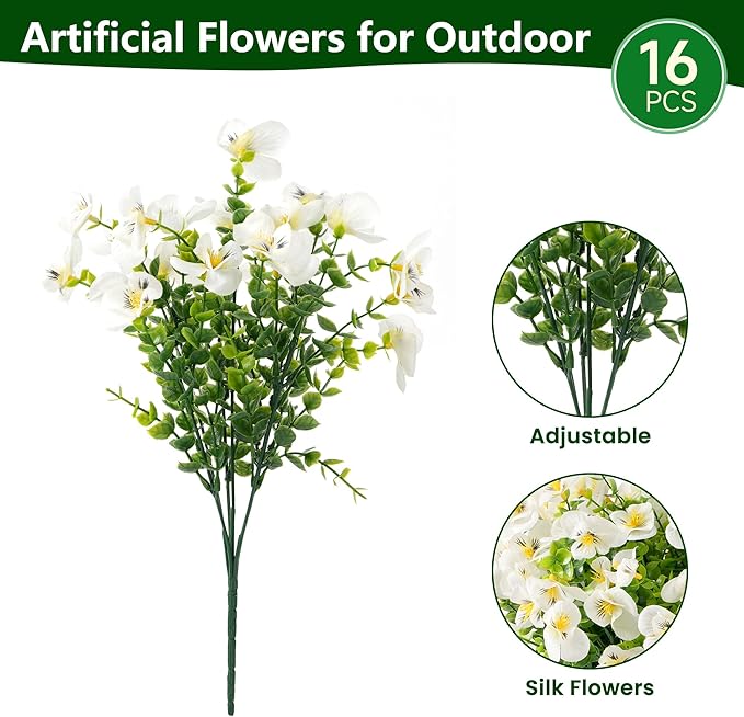 Artificial Flowers for Outdoor, UV Resistant Fake Silk Pansies Flowers, Realistic Faux Plants for Outside Indoor Porch Patio Window Box Planter Home Decor (16, White)