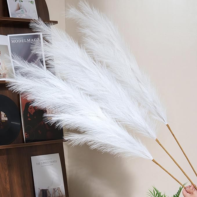 Premium Faux White Pampas Grass Decor 8pcs 43.3″ – Pure Cream Tall Fluffy Feather Flowers, No Assembly 18-Branch One-Piece Stems for Wedding Boho & Minimalist Home Decor, Floor Vase Arrangement