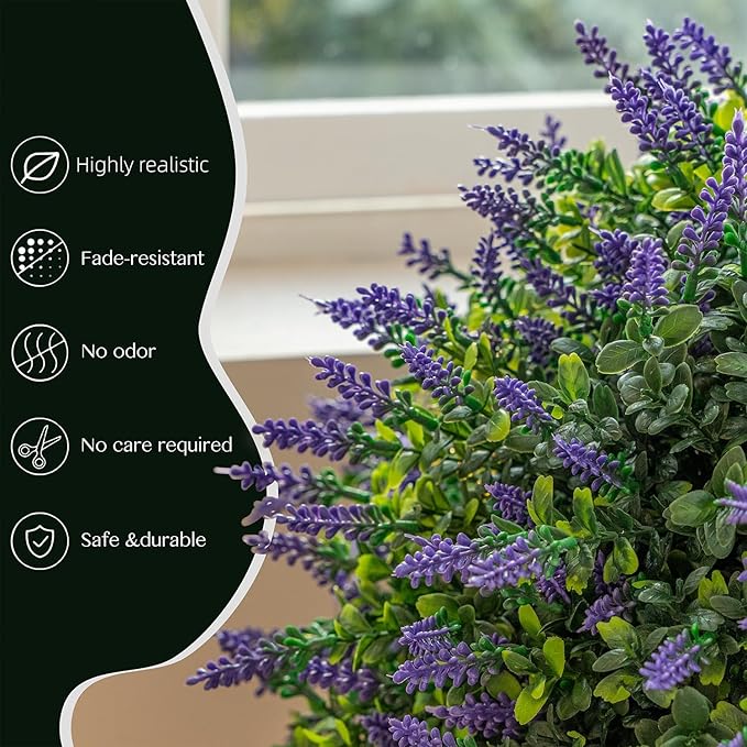 Lavender Boxwood Ball Tree, UV Resistant, Simulated Green Bush, Artificial Lavender Tree Outdoor Set of 2 (24.5Inch) with Ground Plugs Fake for Indoor Outdoor Front Porch Gardens