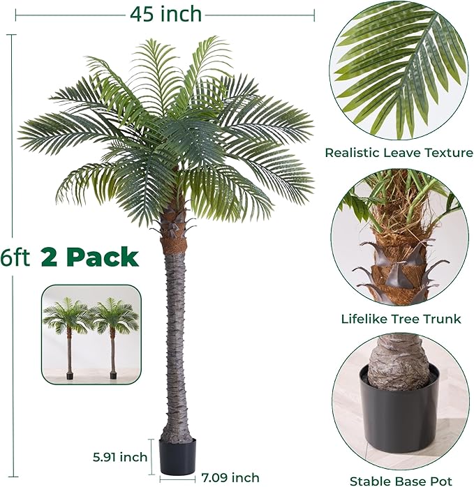 6FT Artificial Coconut Palm Set of 2, Faux Coconut Silk Palm Tree, Tropical Fake Trees for Indoor Outdoor, Large Sago Palm Plant for Home Office Garden Patio Poolside Backyard