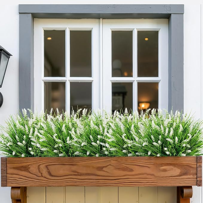 Bassion Artificial Flowers for Outdoors, 24 Bundles Fake Lavender Flowers UV Resistant White Plastic Plants Faux Monkey Grass for Home Porch Garden Window Box Indoor Outdoor Decorations