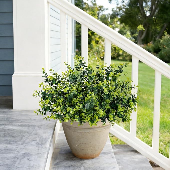 17 Inch Artificial Plants Outdoor Faux Shrubs Eucalyptus Boxwood Grass UV Resistant Fake Plant Greenery Decor for Indoor Window Garden Patio Pathway Front Porch Home Decor（6 Bundles,Green）